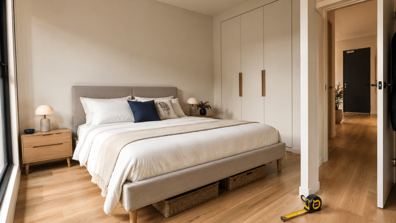 Queen bed arranged with practical walking and storage space in a modern Melbourne apartment bedroom
