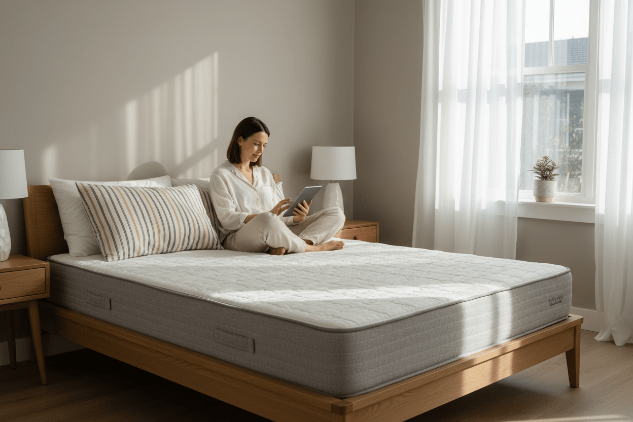 Customer reviewing mattress specifications beside a modern upholstered bed