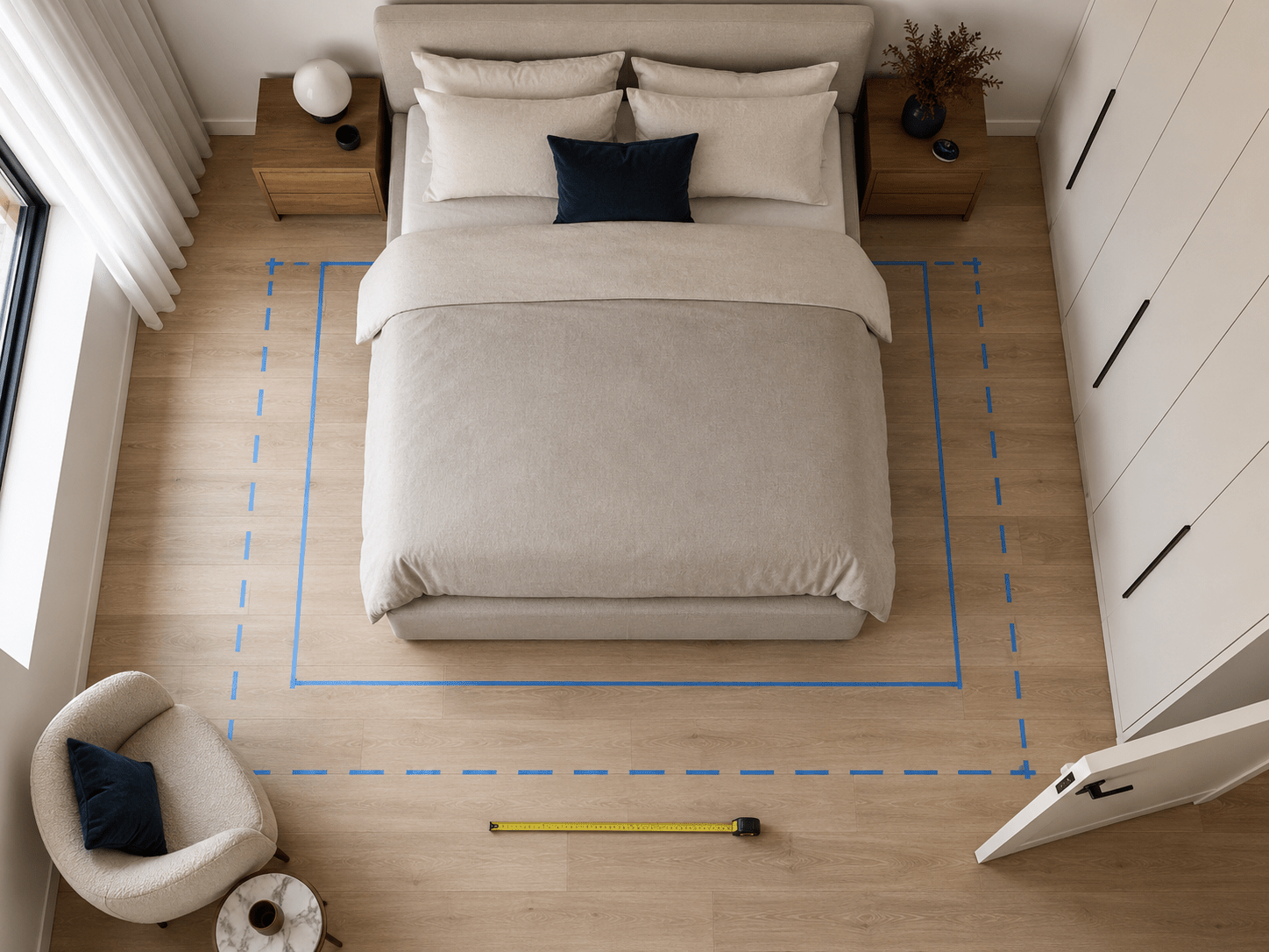 Bedroom floor space being measured for a Queen or King bed and surrounding furniture