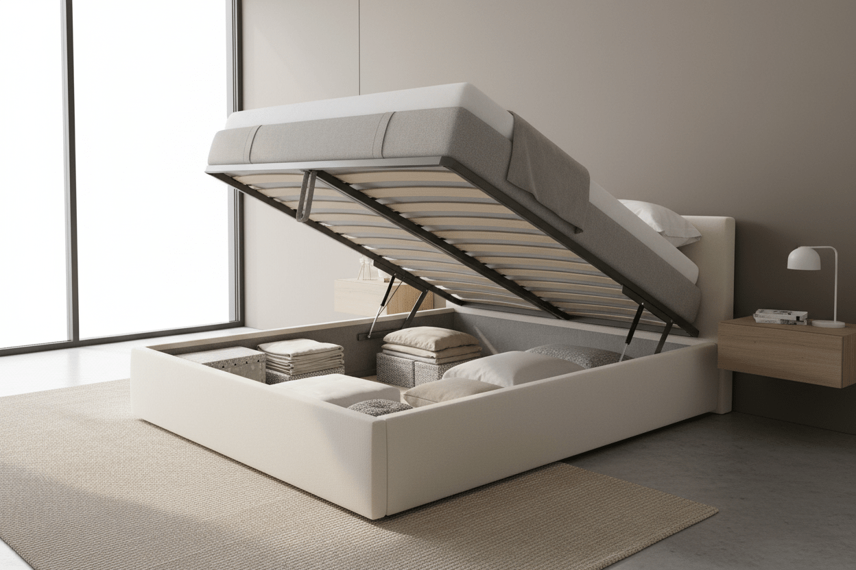 Gas lift bed frame with under-bed storage
