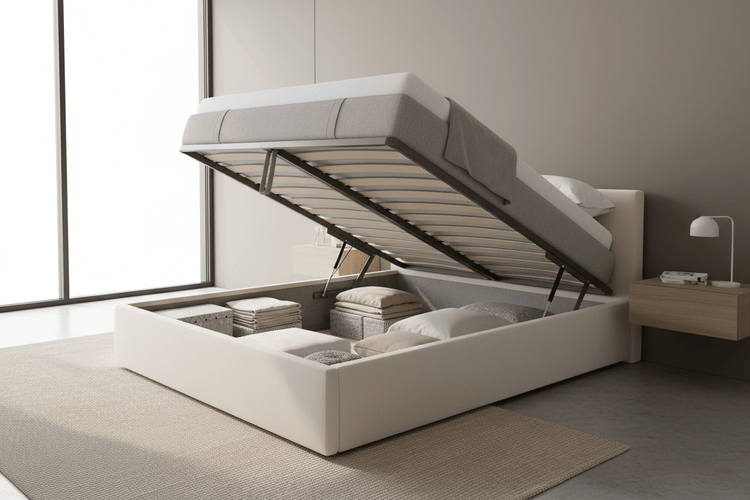 Gas lift bed frame with under-bed storage