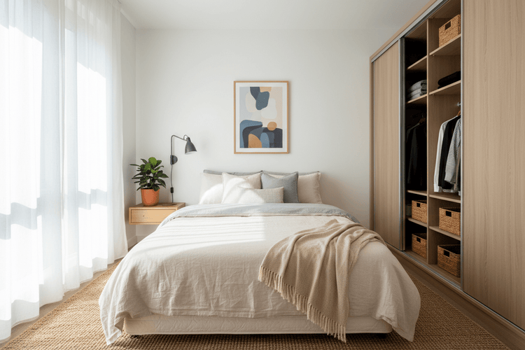 Double size mattress in a bedroom