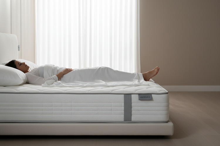 a firm mattress in a bedroom with a person sleeping on his back on it.