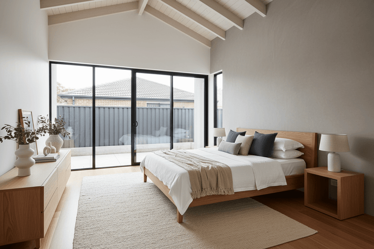 Queen size bed frame in a modern bedroom setting