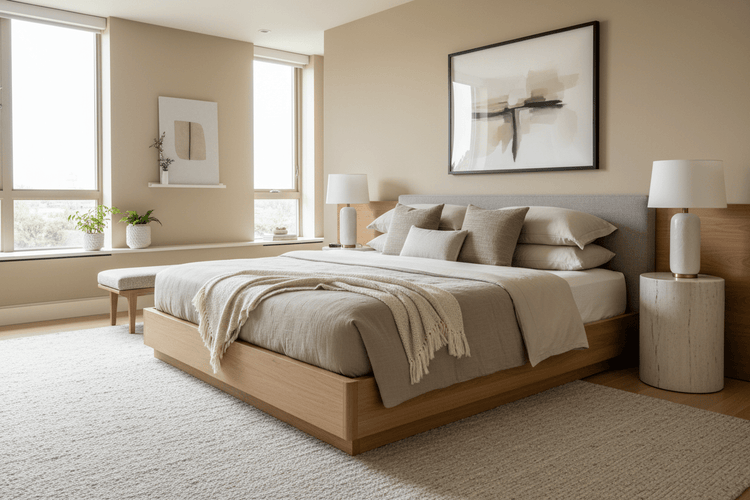 King size bed frame in a spacious bedroom