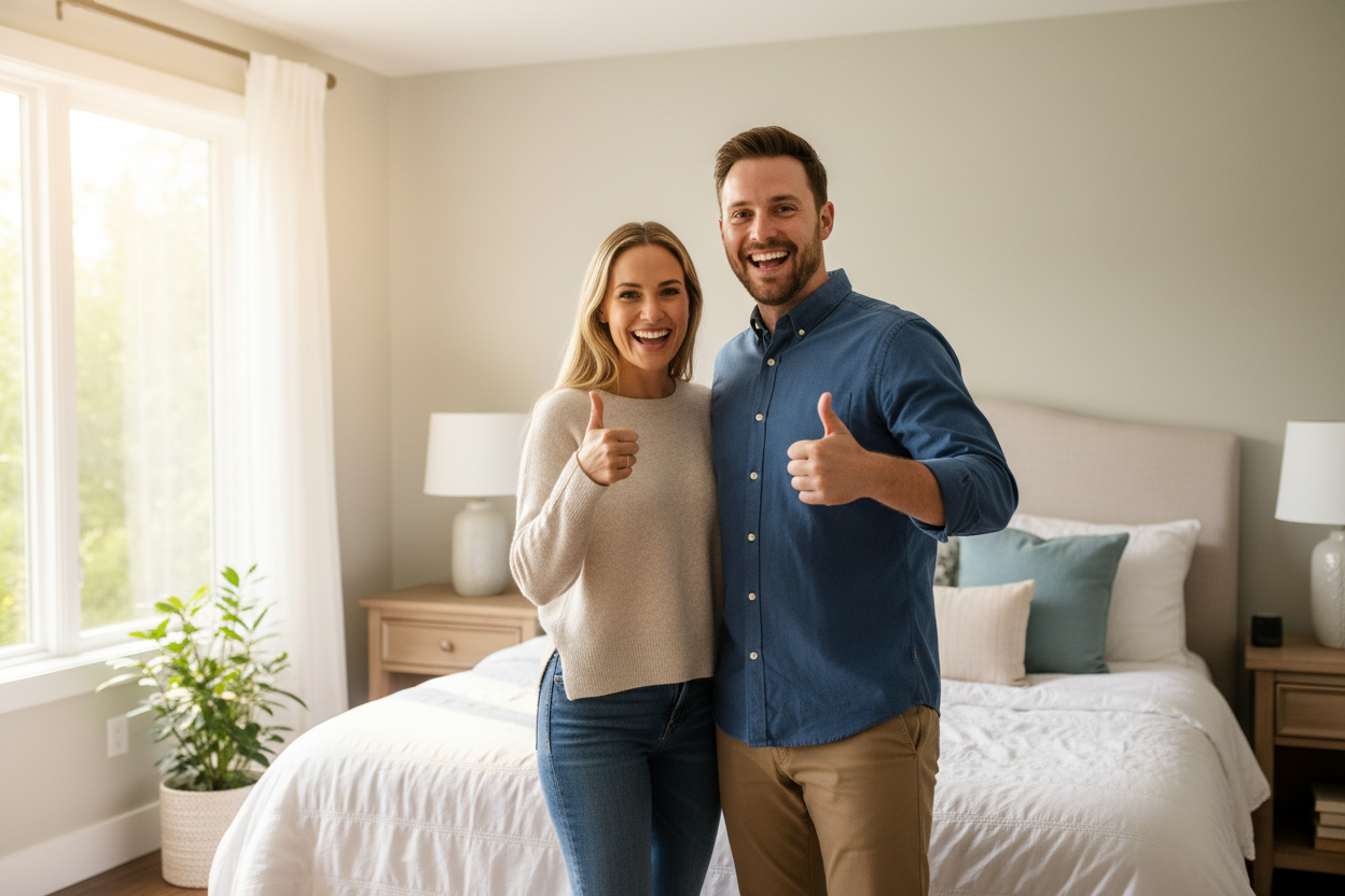 Happy couple in bedroom with thubms up.