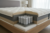 Mattress cross-section visual style bedroom image, focus on support and structure, neutral tones, realistic but informative look, no medical graphics, no text