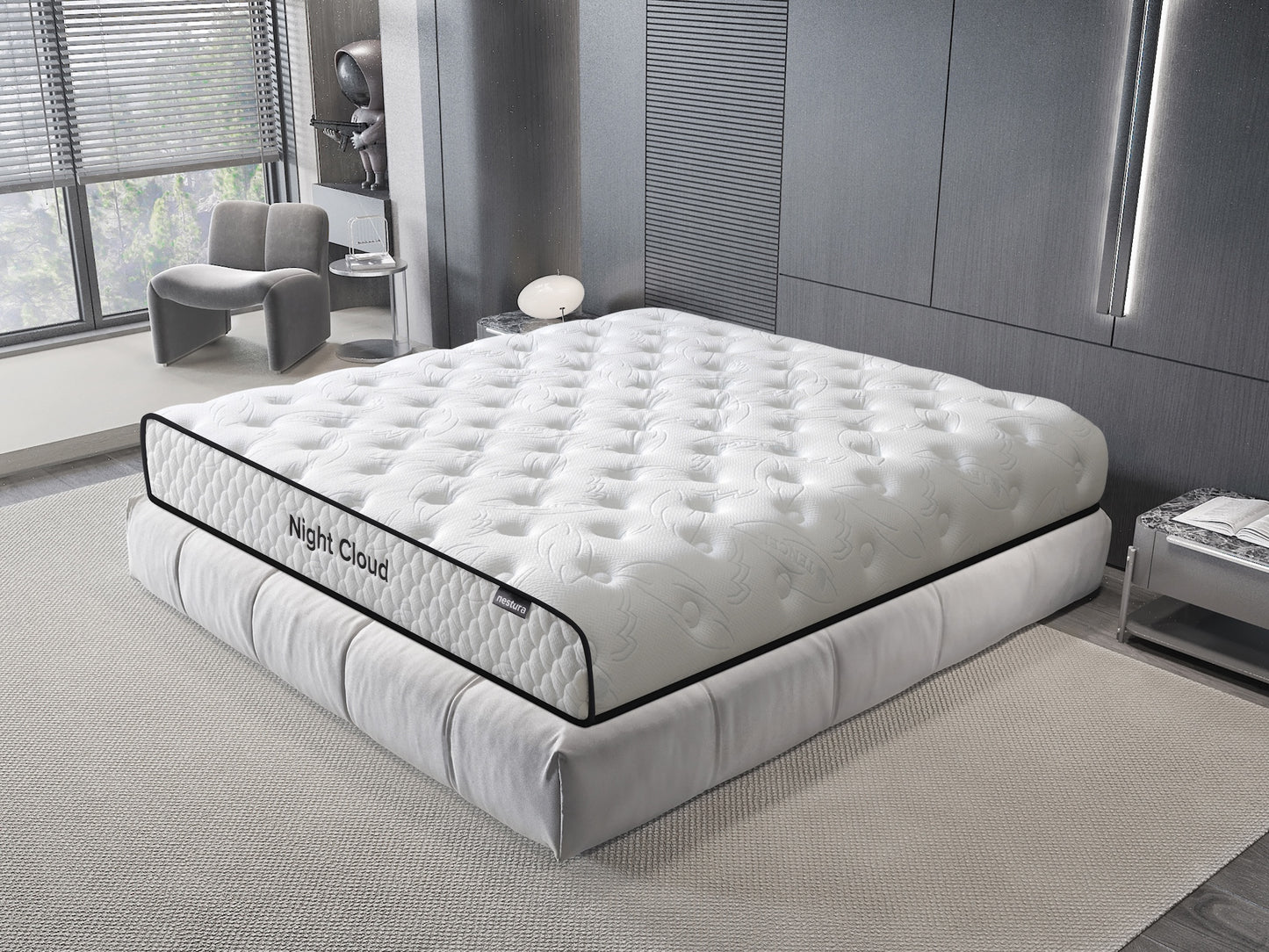 White mattress with 'Night Cloud' branding in a modern bedroom setting.